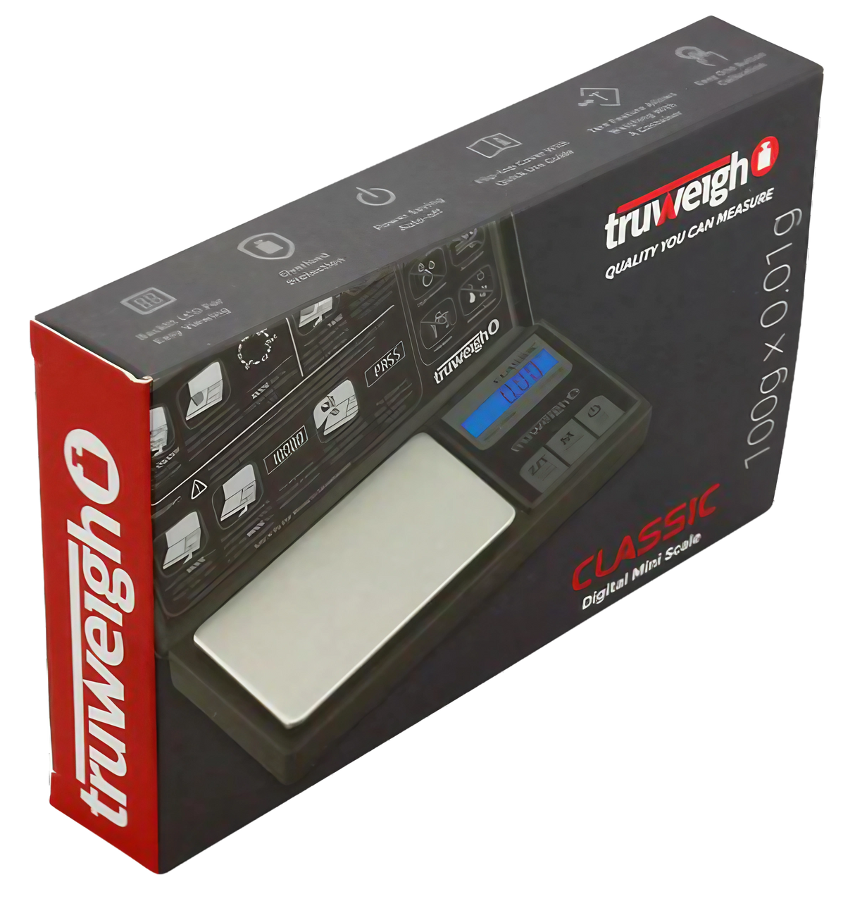 Truweigh Classic Digital Mini Scale in black, precise 0.01g accuracy, battery-powered, portable design