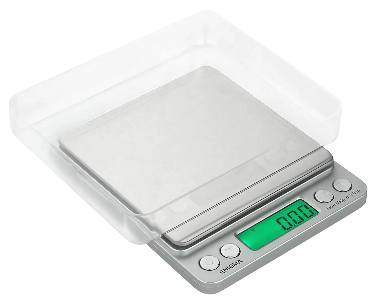Truweigh Enigma Digital Mini Scale, 500g x 0.01g, portable silver design, top view