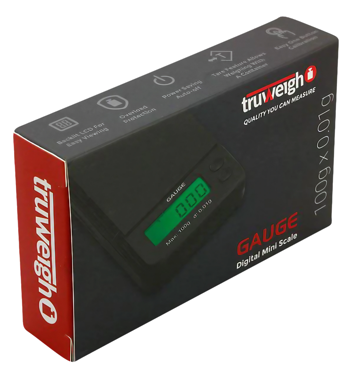 Truweigh Gauge Digital Mini Scale in black, angled view, showing 0.01g accuracy on display