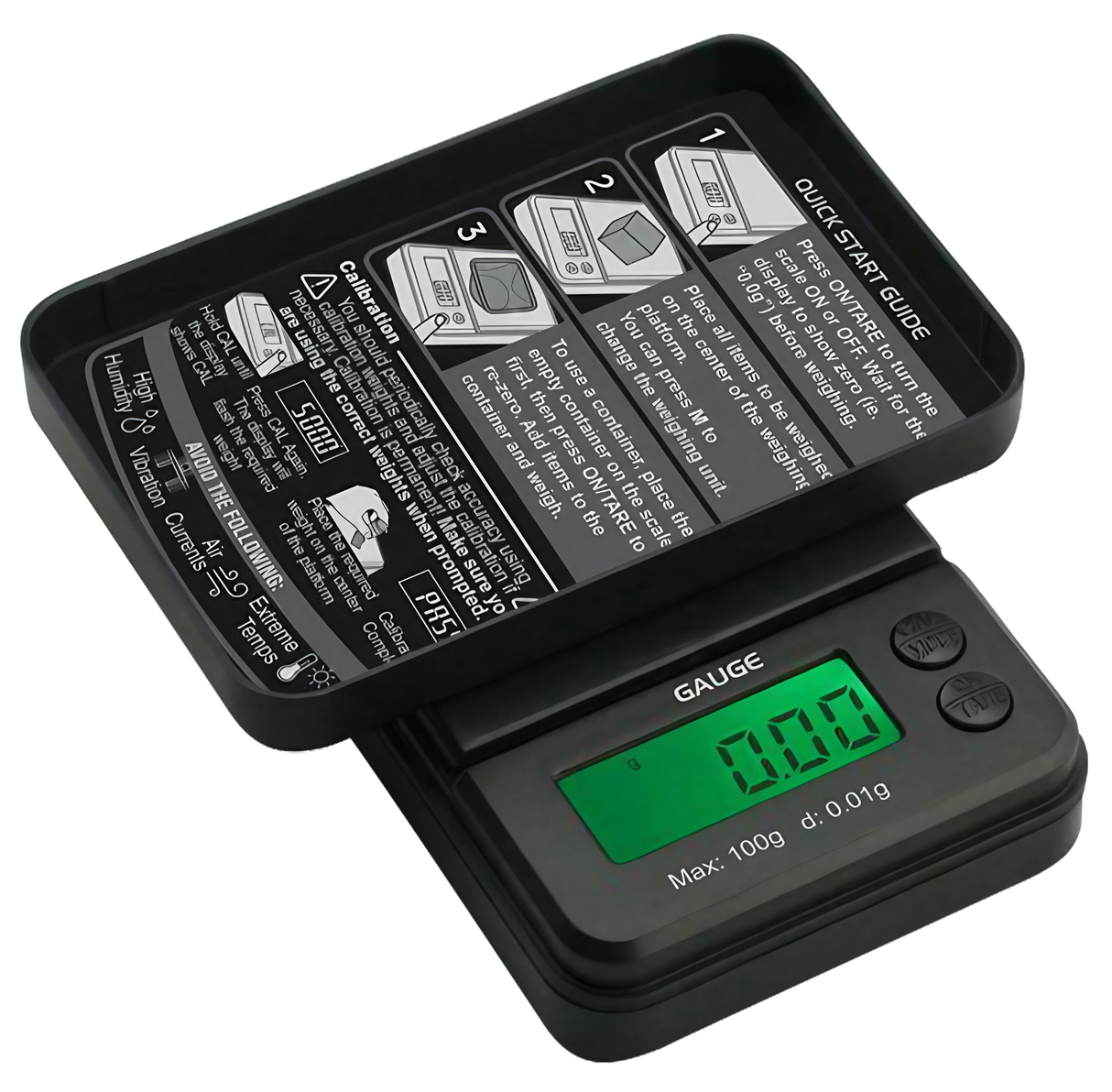 Truweigh Gauge Digital Mini Scale in black, 100g x 0.01g precision, portable design, battery-powered