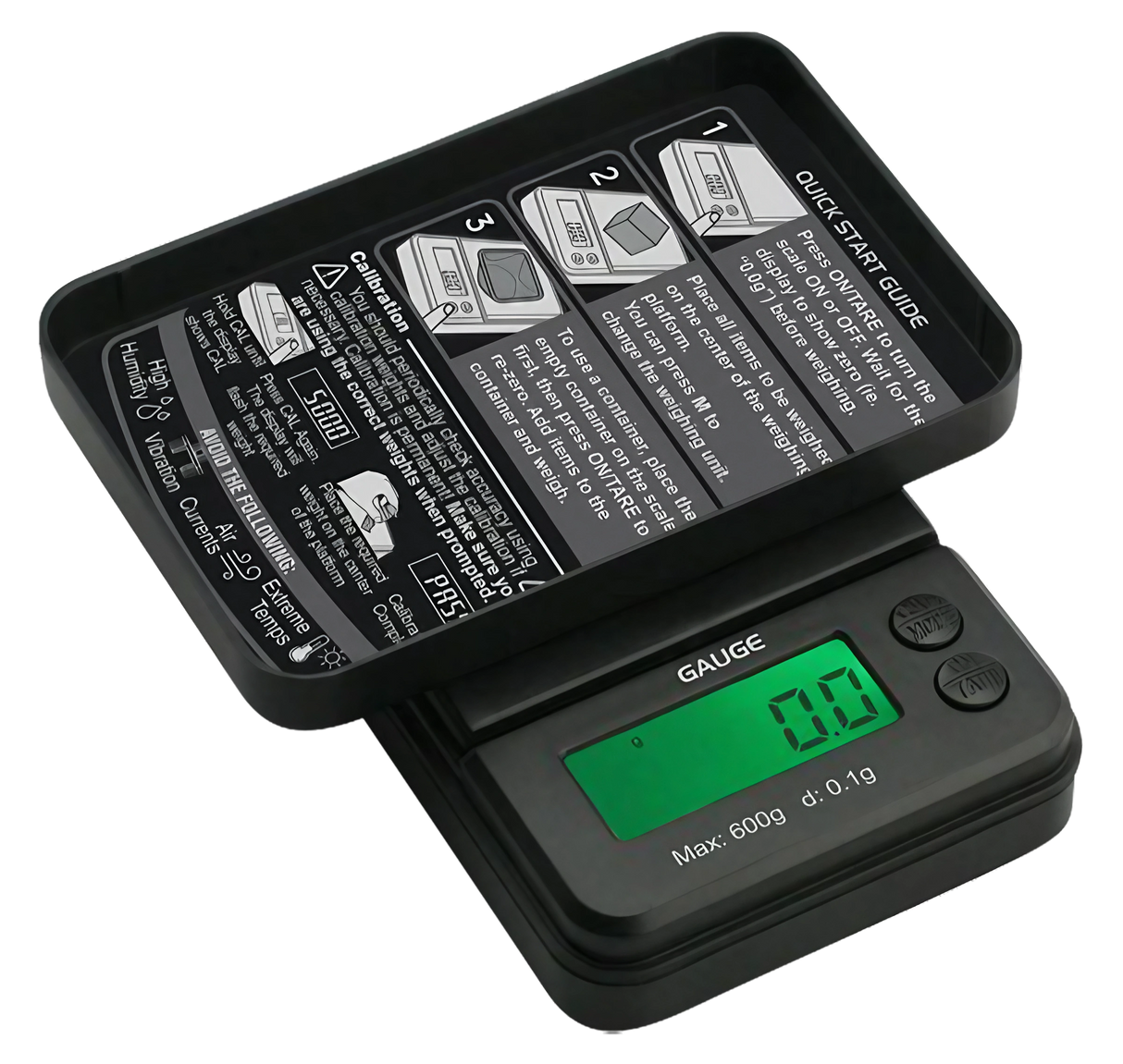 Truweigh Gauge Digital Mini Scale open with backlit display showing 0.00, portable design, 600g x 0.1g