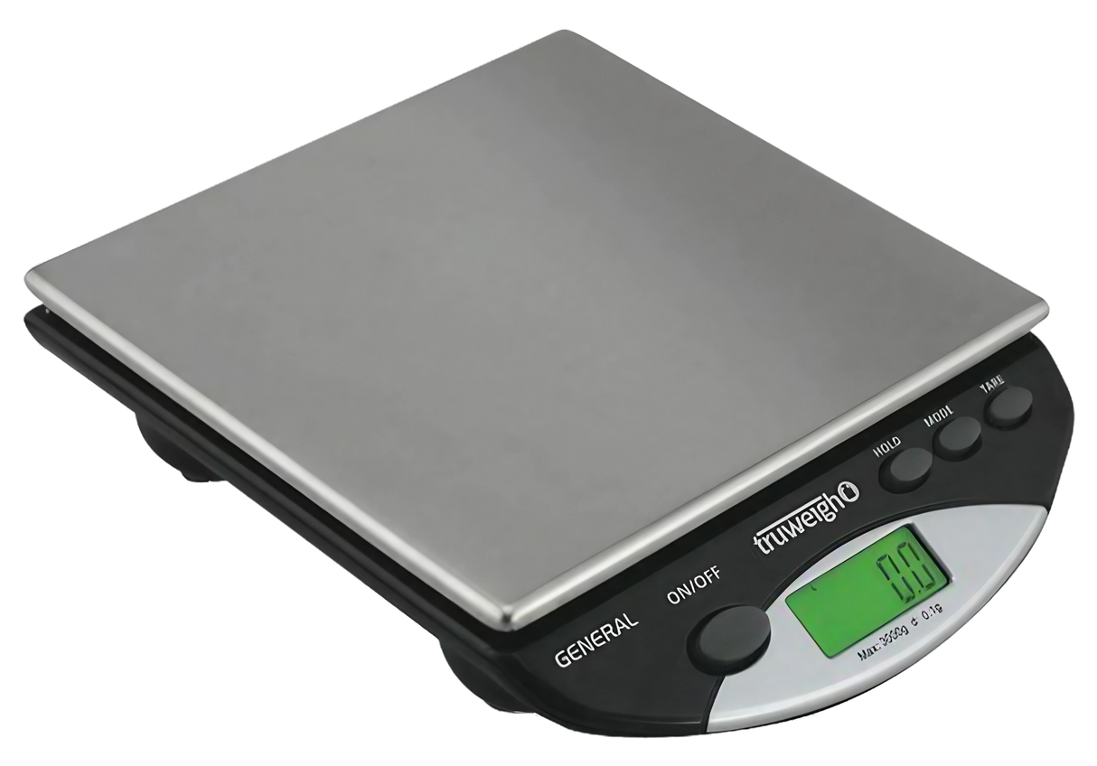 Truweigh General Compact Bench Scale in black and silver, angled view with digital display