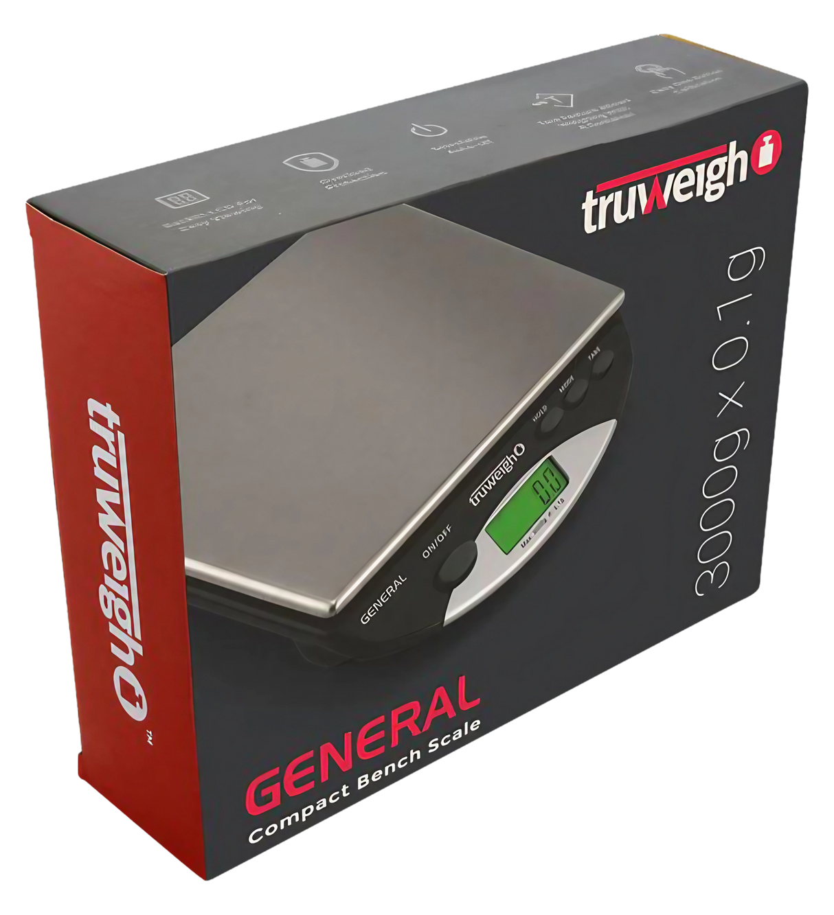 Truweigh General Compact Bench Scale in black, 3000g x 0.1g, angled view with digital display