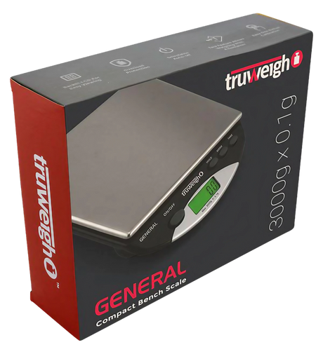 Truweigh General Compact Bench Scale in black, 3000g x 0.1g, angled view with digital display