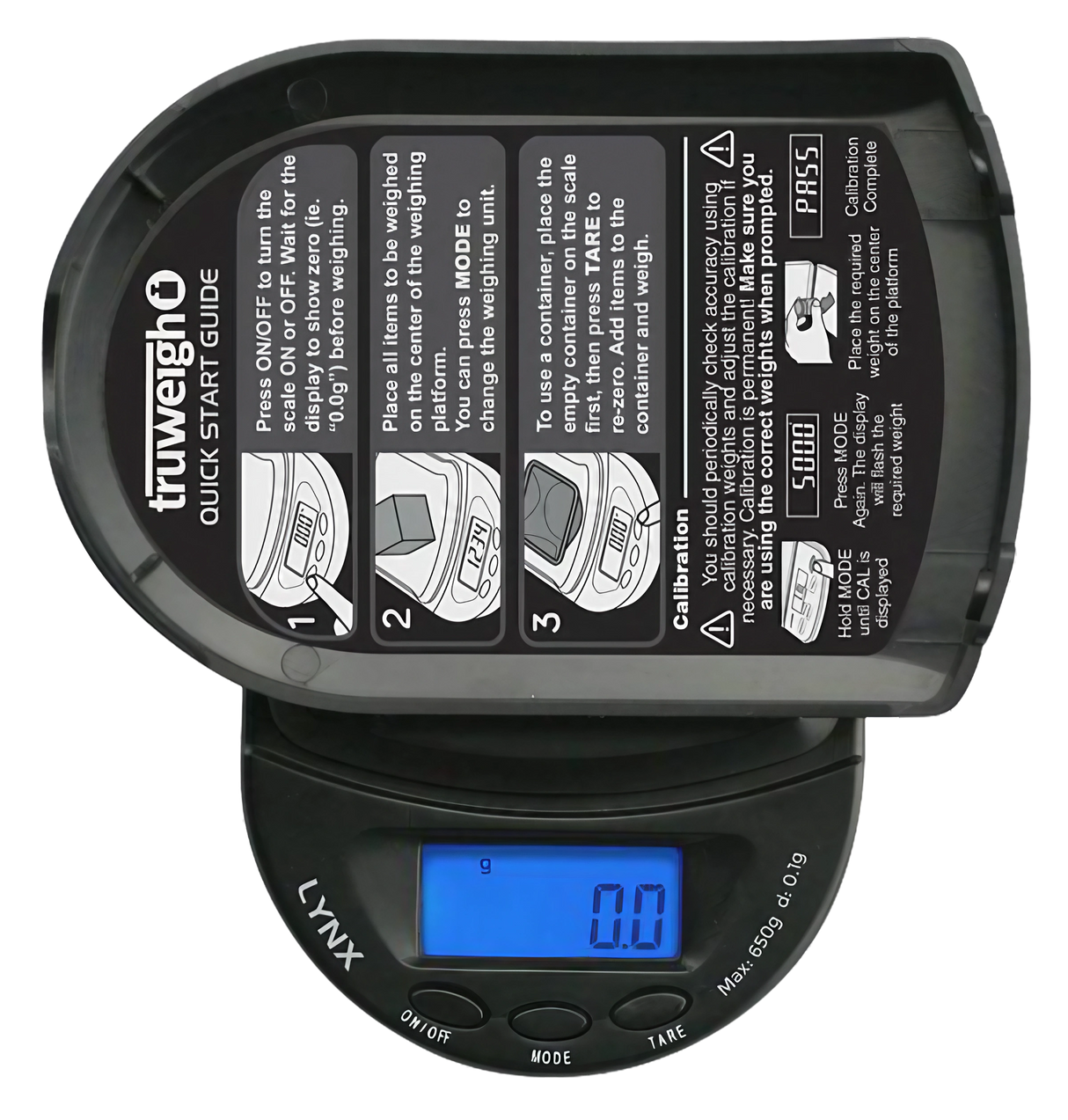 Truweigh Lynx Digital Mini Scale in black, top view, showing illuminated display reading 0.0g