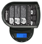 Truweigh Lynx Digital Mini Scale in black, top view, showing illuminated display reading 0.0g