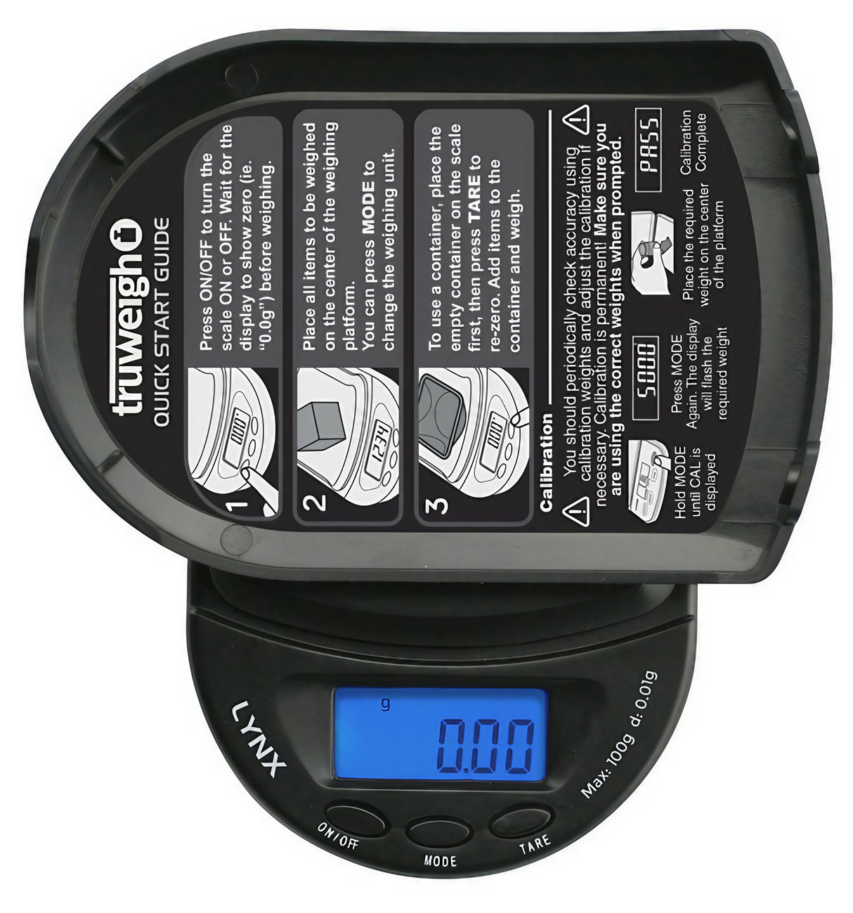 Truweigh Lynx Digital Mini Scale in black, open lid, displaying 0.00, portable design, battery-powered