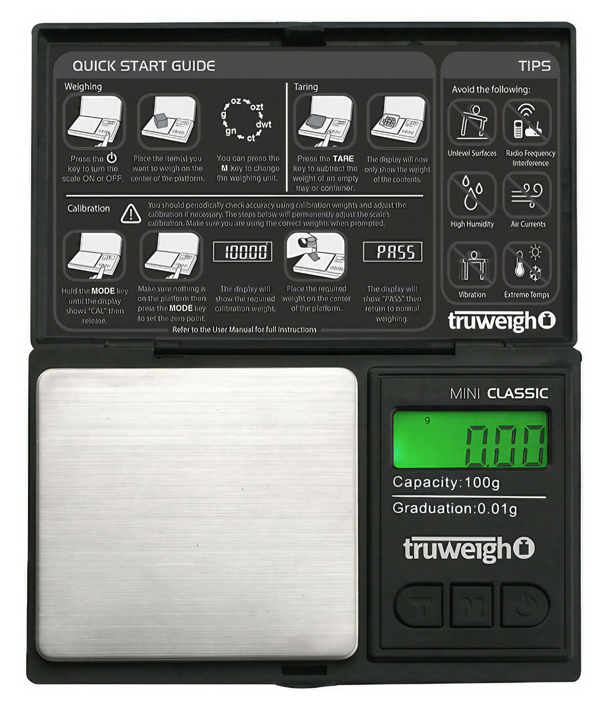 Truweigh Mini Classic Digital Scale in black, portable design with 0.01g accuracy, front view