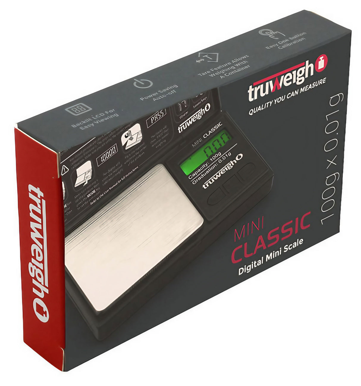 Truweigh Mini Classic Digital Scale in packaging, portable black pocket scale with 0.01 accuracy