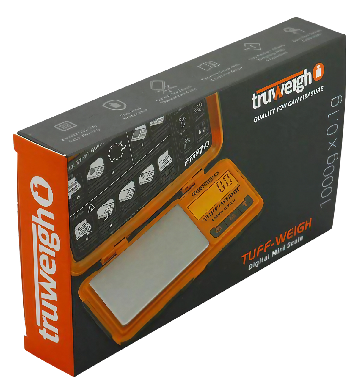 Truweigh Tuff-Weigh Mini Scale in black and orange, 1000g x 0.1g, portable design, angled view