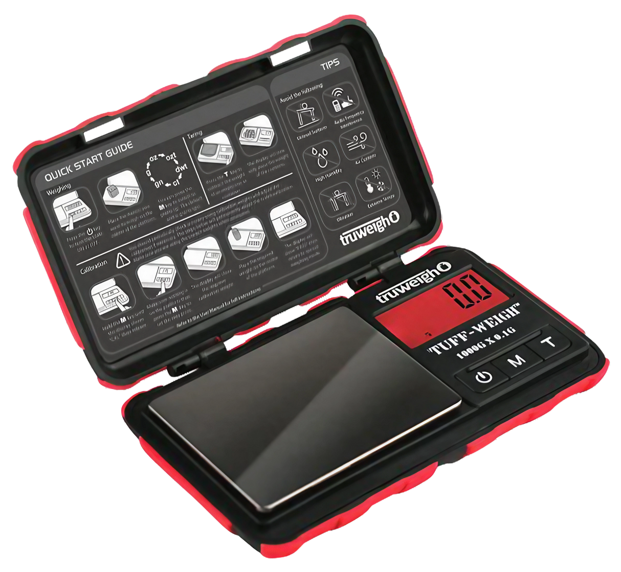 Truweigh Tuff-Weigh Mini Scale in black, open view, 1000g x 0.1g, portable and battery powered