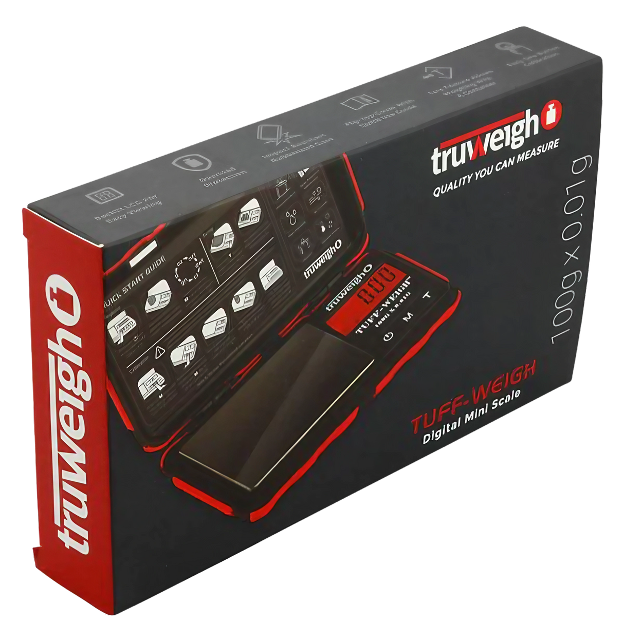 Truweigh Tuff-Weigh Mini Scale in black, 100g x 0.01g accuracy, portable design, angled view