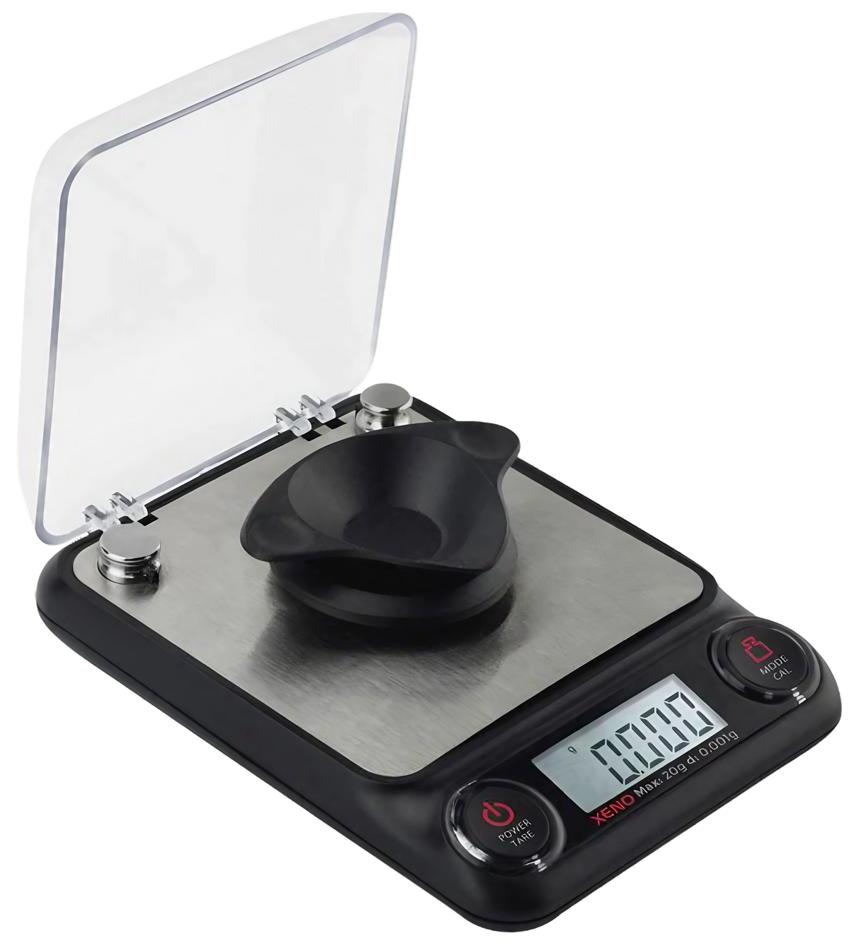 Truweigh Xeno Digital Milligram Scale, black, portable design, 0.001g accuracy, with open lid