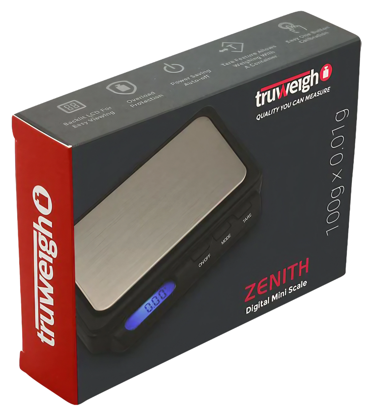 Truweigh Zenith Digital Mini Scale on black background, showing blue LCD and stainless steel platform