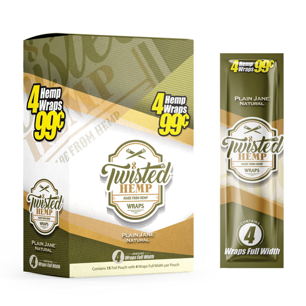 Twisted Hemp Original Hemp Wraps, 15 Pack Display - Front View with Individual Pack