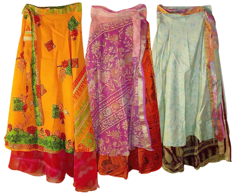 Colorful Two-Layer Sari Wrap Skirts in Medium Size Displayed Side by Side