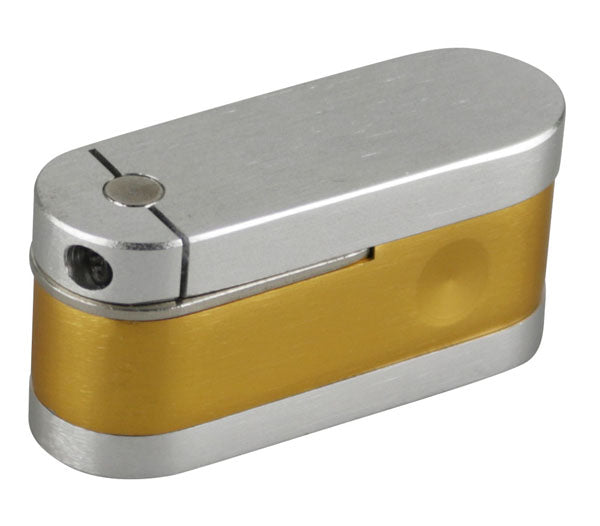 Compact two-tone gold and silver metal twist-out pipe with built-in storage, 2.2" size, top view