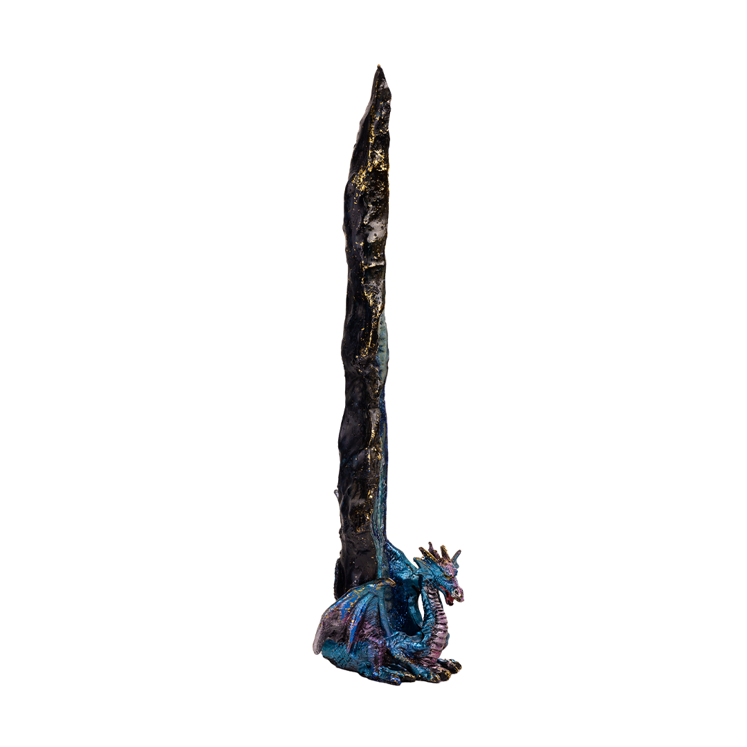 Fantasy Tower Blue Dragon Incense Burner, Side View, Polyresin Home Decor
