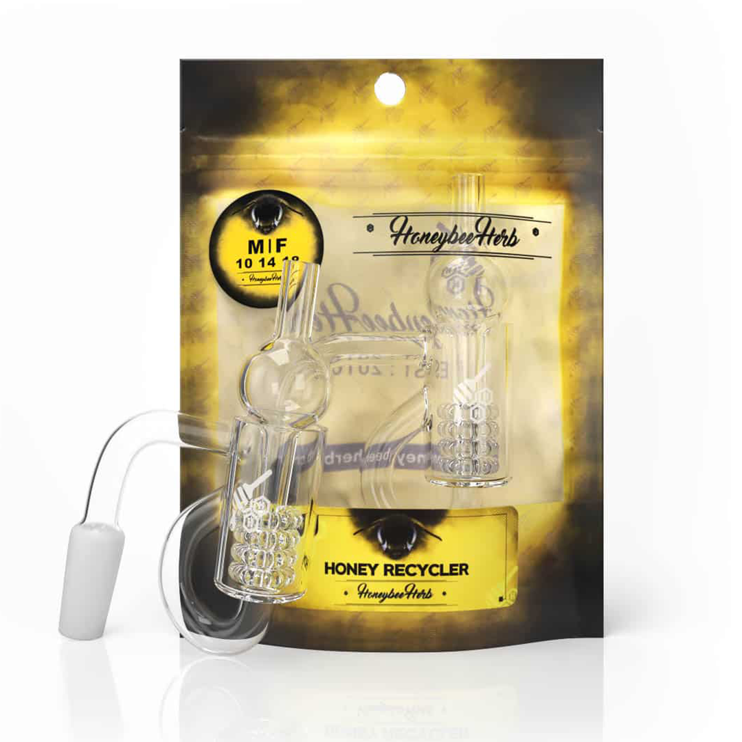 Honeybee Herb Bangers on packaging, Quartz Flat Top Design, 14MM Female 90 Degree
