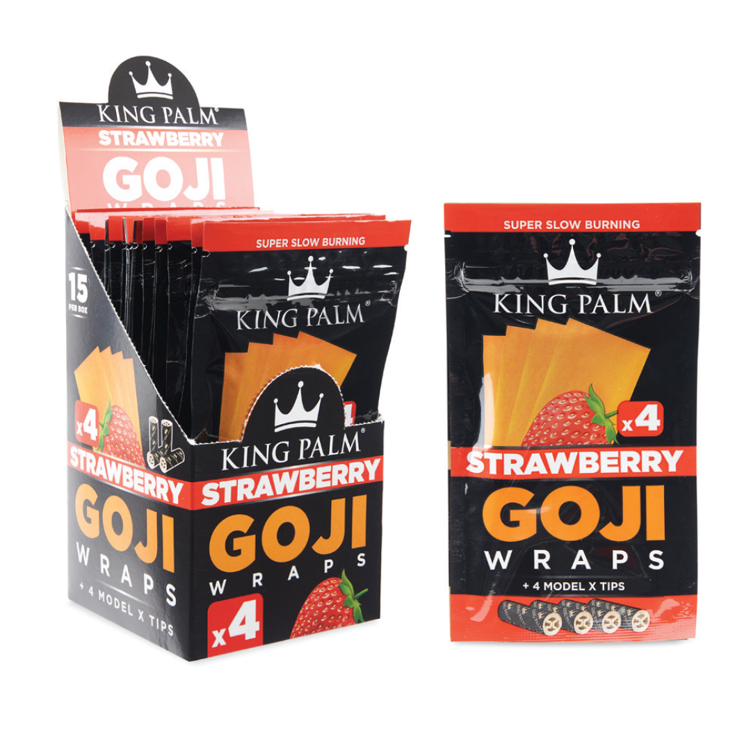 King Palm Strawberry Goji Wraps displayed in box and packet, super slow burning, front view