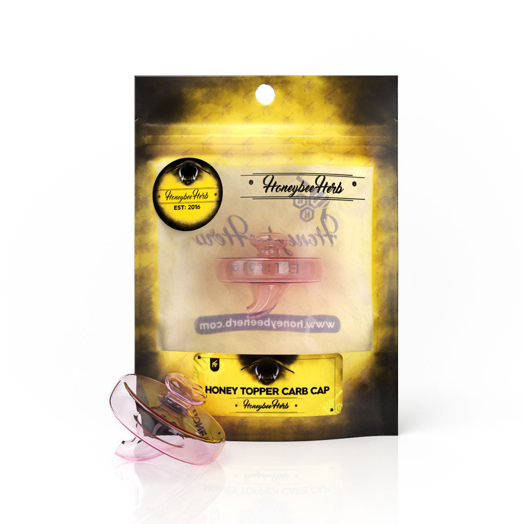 Honeybee Herb Honey Topper Carb Cap in Pink for Dab Rigs, Front View on Packaging