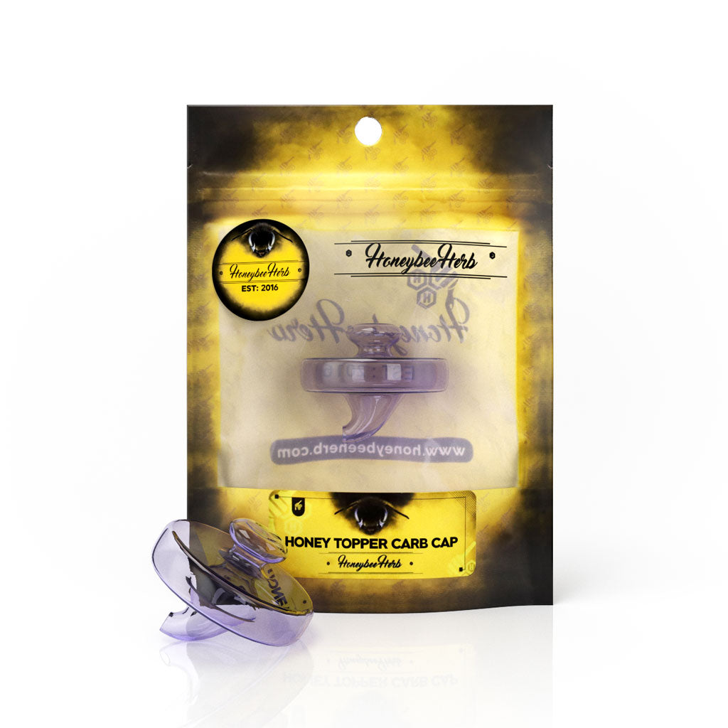 Honey Topper Carb Cap by Honeybee Herb in Purple, Glass Accessory for Dab Rigs, Front View on Packaging