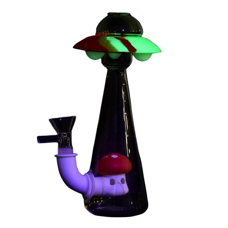 7" UFO Glass & Silicone Water Pipe glowing in dark, angled view with deep bowl for dry herbs