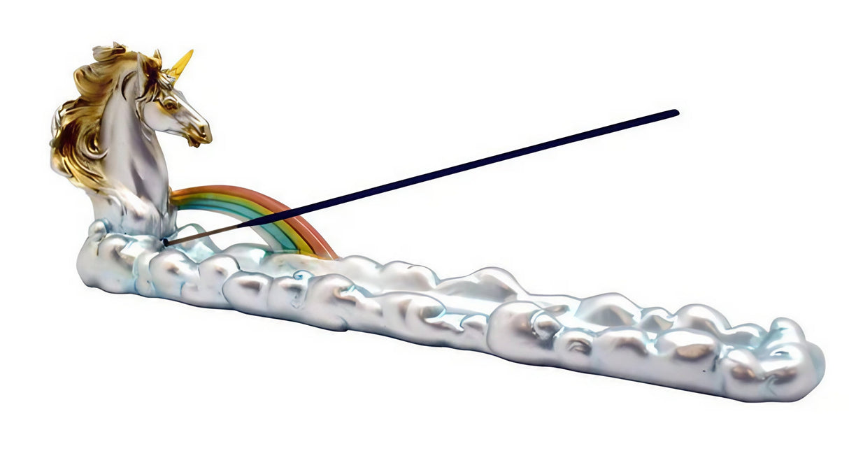 Silver Unicorn Incense Burner with Iridescent Finish and Incense Stick - Side View