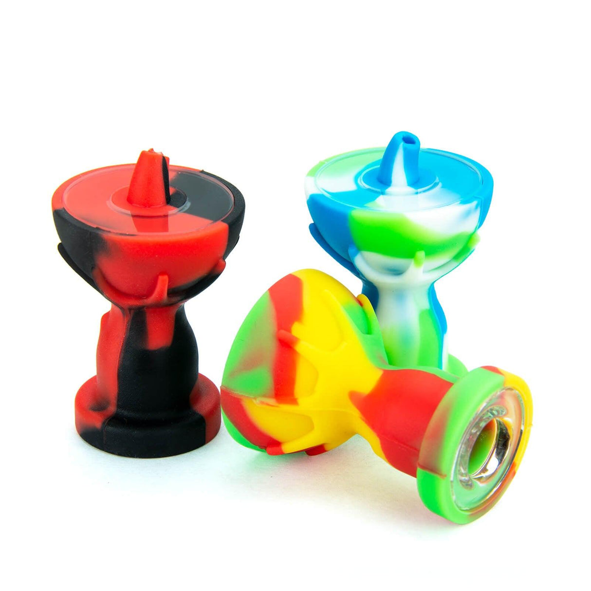 PILOT DIARY Silicone Carb Caps in red, multicolor, and yellow with glass bowl screens