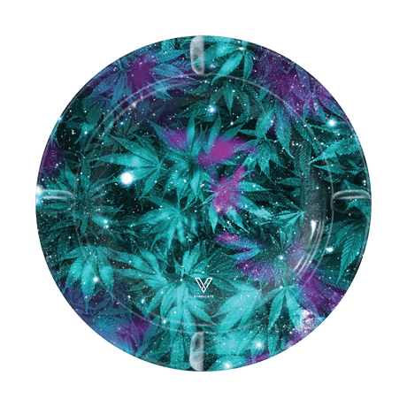 Cosmic Chronic Blazin' Ashtray, V Syndicate metal with vibrant purple and teal cannabis leaf design