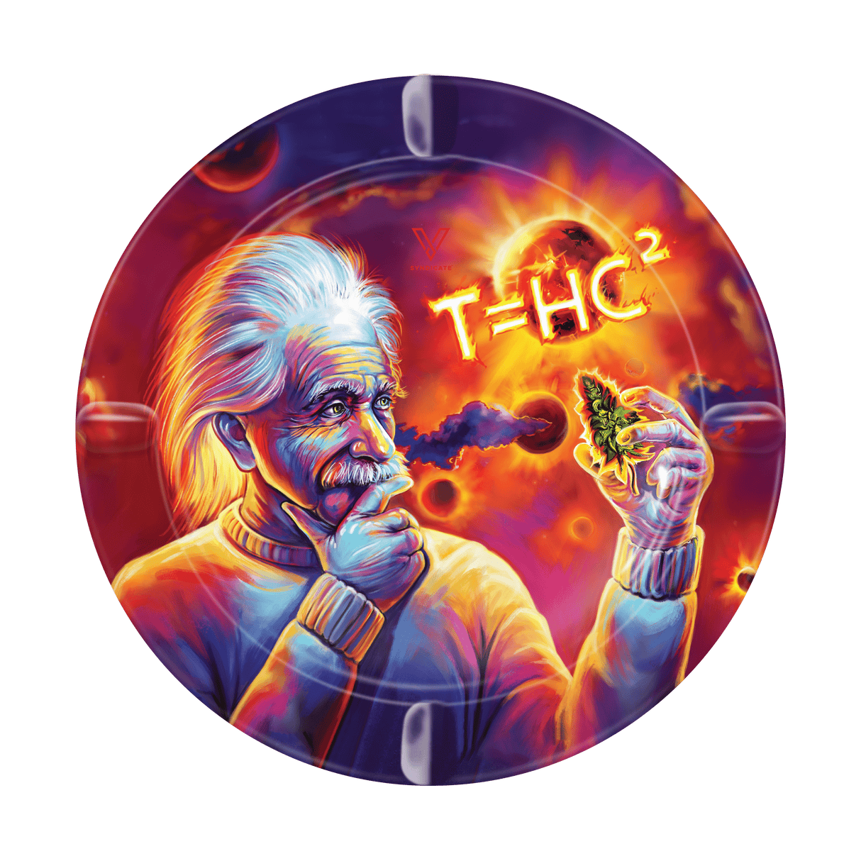 Einstein-themed T=HC2 Solar Diesel Metal Ashtray with vibrant orange and purple design