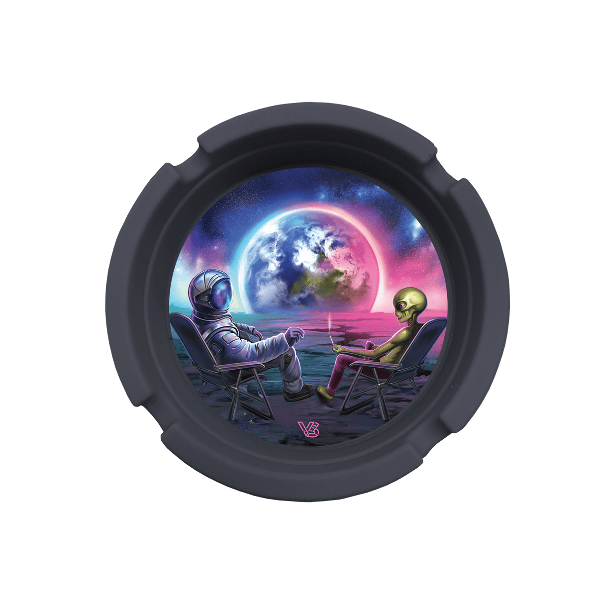 V Syndicate Blunt Orbit Blazin' Silicone Ashtray, Black with Space Design, Top View