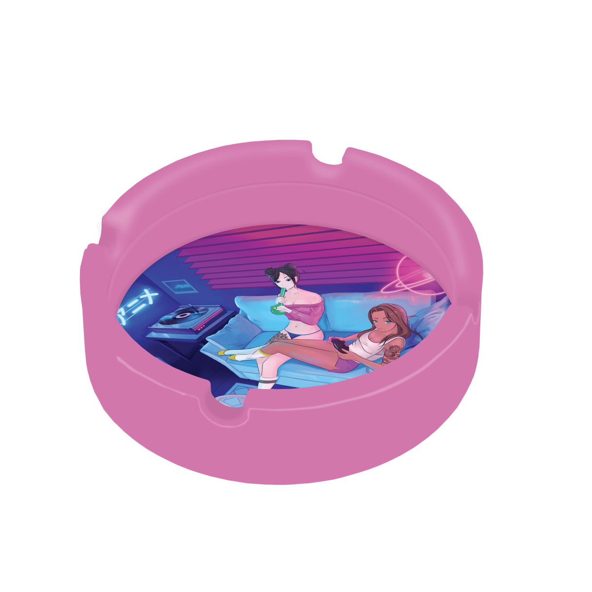 V Syndicate Button Mash'd Blazin' Silicone Ashtray in Pink with Fun Gaming Design, Top View