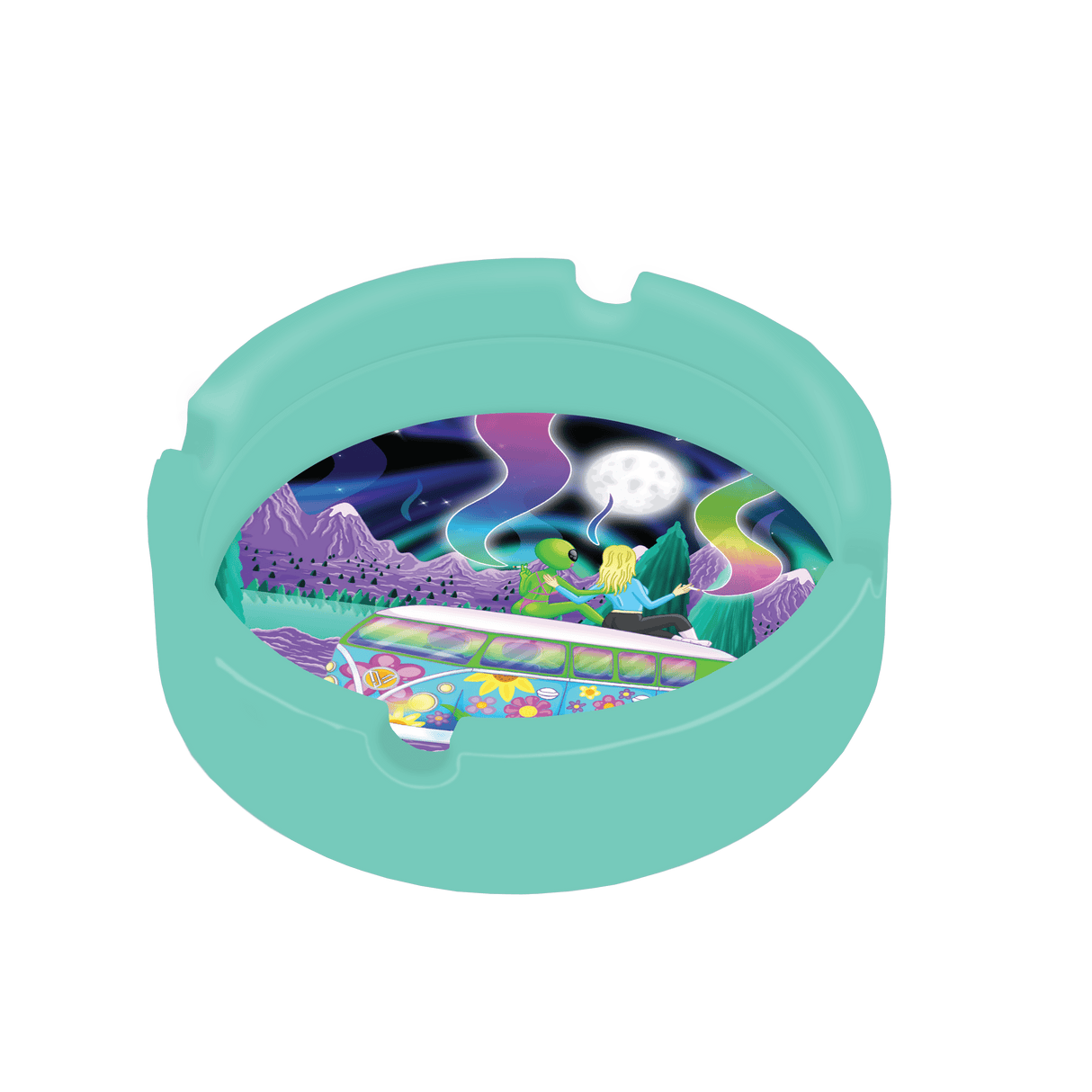 V Syndicate Gal's Best Friend Blazin' Silicone Ashtray, Portable Teal with Purple Design, Top View