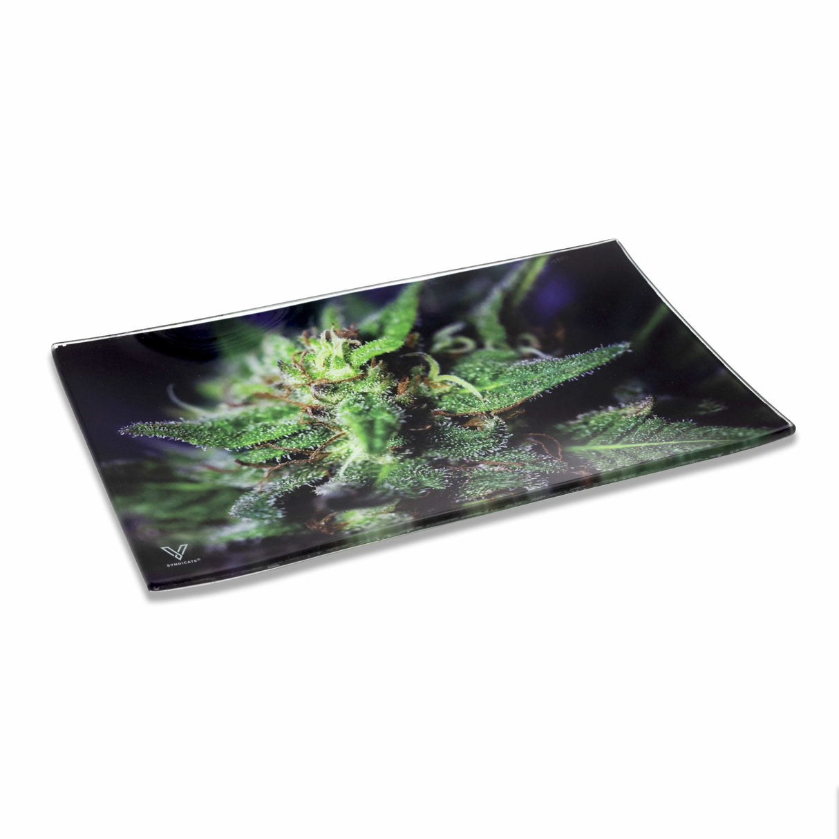 V Syndicate Blue Dream Glass Rollin' Tray with vibrant cannabis design, medium size, perfect for home decor