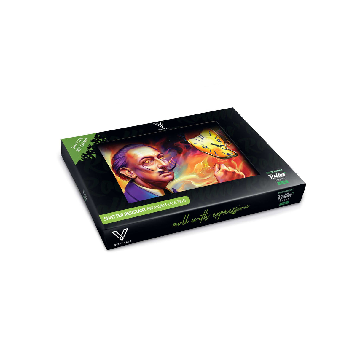 V Syndicate Dalirious Glass Rollin' Tray with vibrant artwork, medium size, perfect for dry herbs
