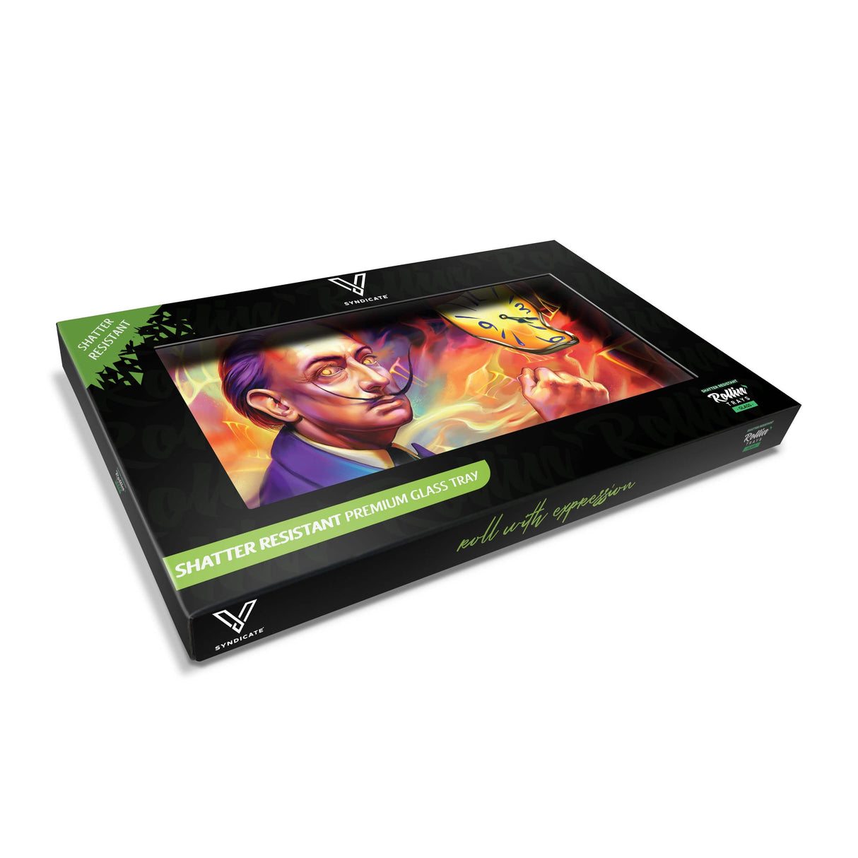 V Syndicate Dalirious Glass Rollin' Tray with vibrant Salvador Dali-inspired artwork, medium size