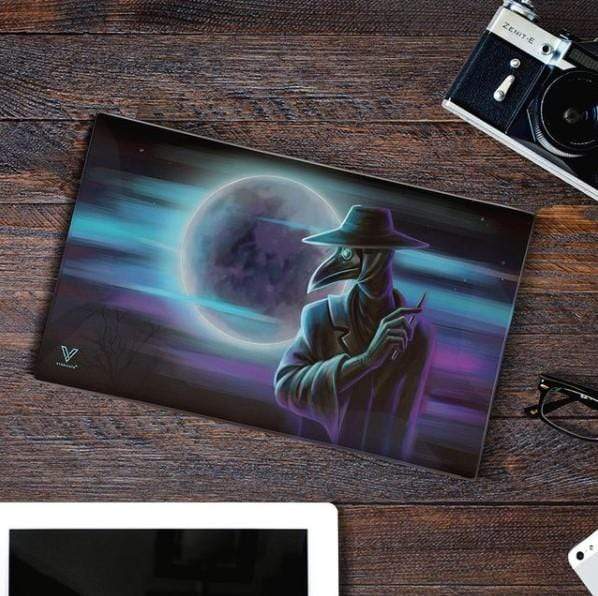 Dark Traveler Glass Rollin' Tray by V Syndicate with cosmic design, placed on wooden surface