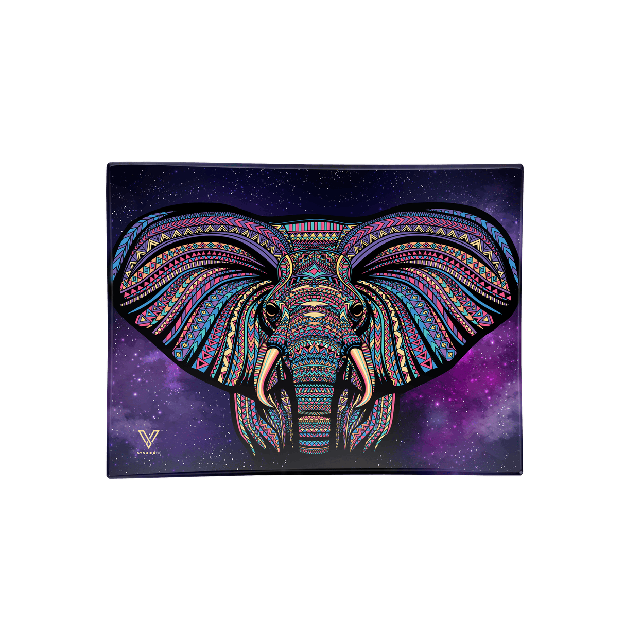 V Syndicate Elephant Glass Rollin' Tray, Medium Size, Purple with Cosmic Design, Front View