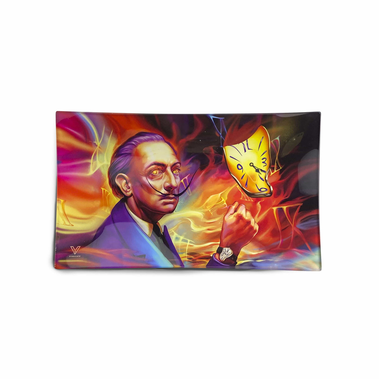 V Syndicate Dalirious Glass Rollin' Tray with vibrant, surreal art design, medium size, ideal for dry herbs