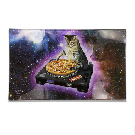 V Syndicate Pussy Vinyl Glass Rollin' Tray with cosmic background, featuring a DJ cat and pizza
