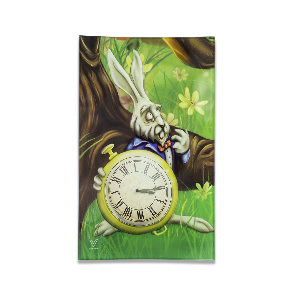 V Syndicate White Rabbit Glass Tray - Medium, featuring a whimsical rabbit design, ideal for rolling herbs