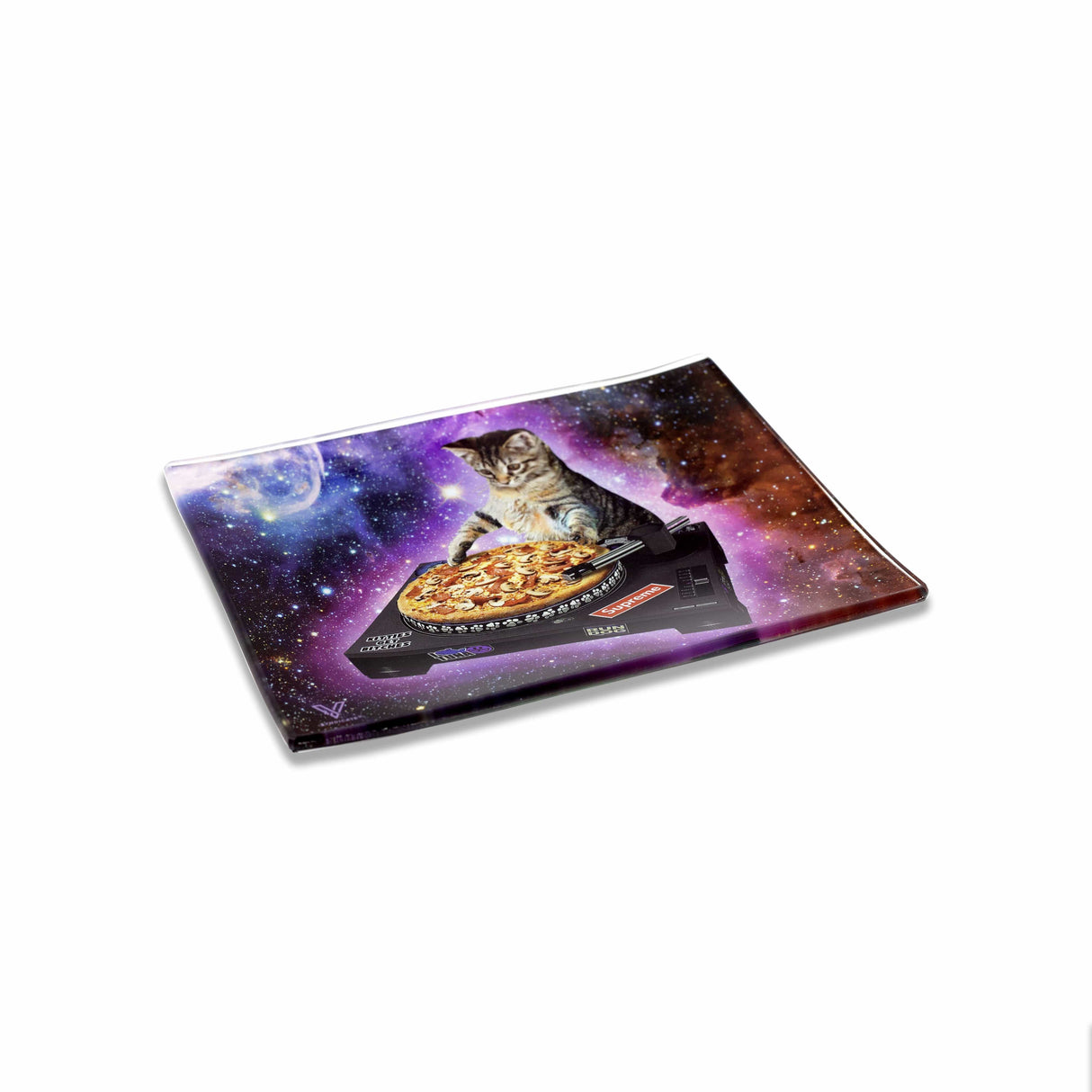 V Syndicate Pussy Vinyl Glass Rollin' Tray featuring cosmic cat & pizza design, medium size, angled view