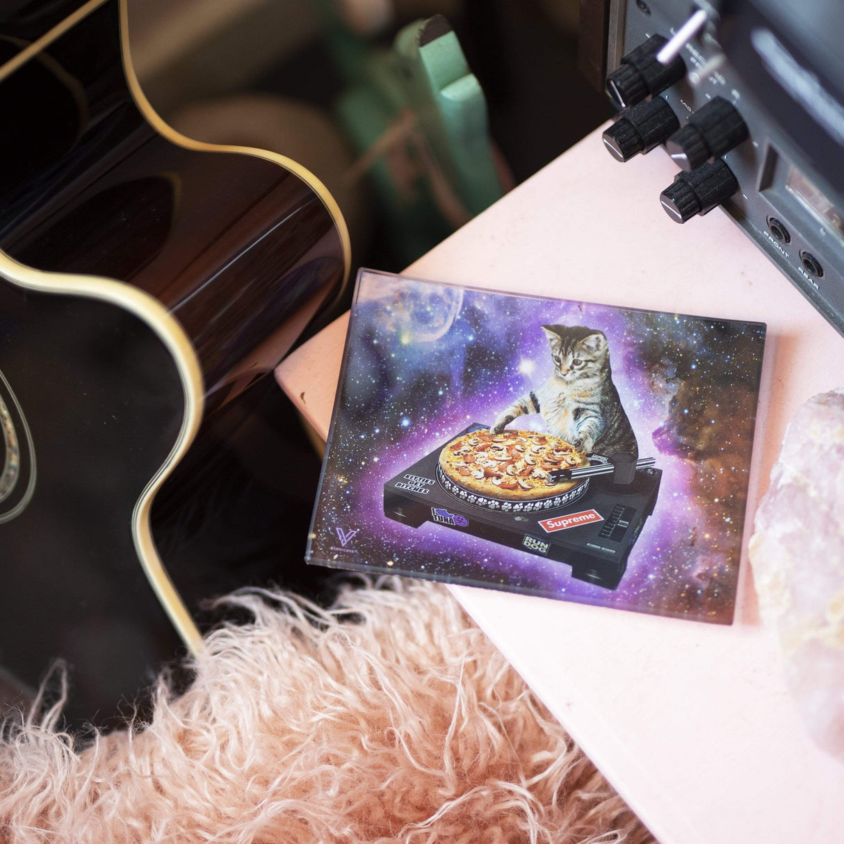 V Syndicate Pussy Vinyl Glass Rollin' Tray with cosmic cat design on a pink surface