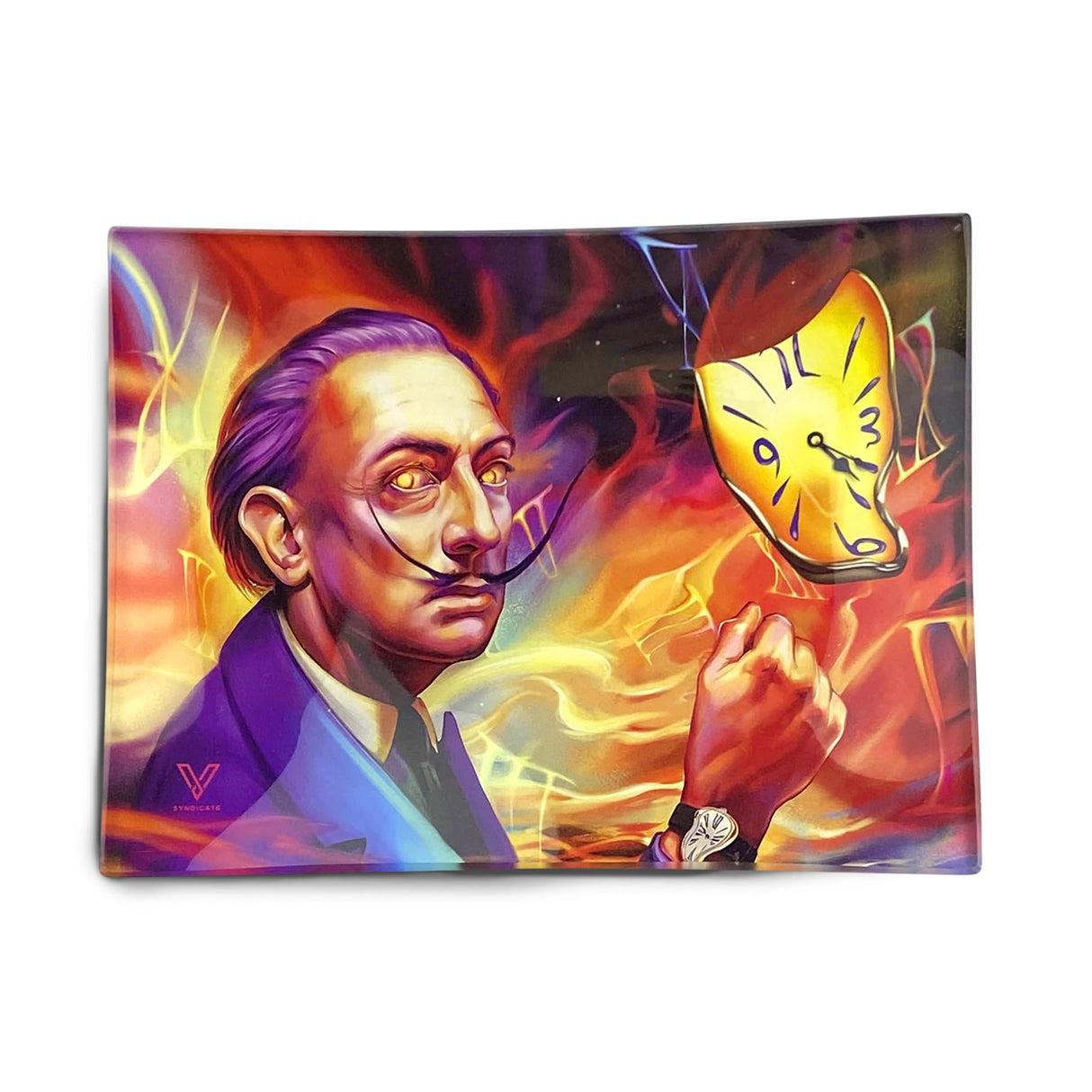 Dalirious Glass Rollin' Tray with vibrant Salvador Dali portrait and melting clock design, medium size