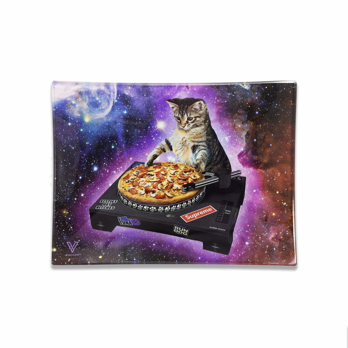 V Syndicate Pussy Vinyl Glass Rollin' Tray with Cosmic Cat DJ Design - Medium Size