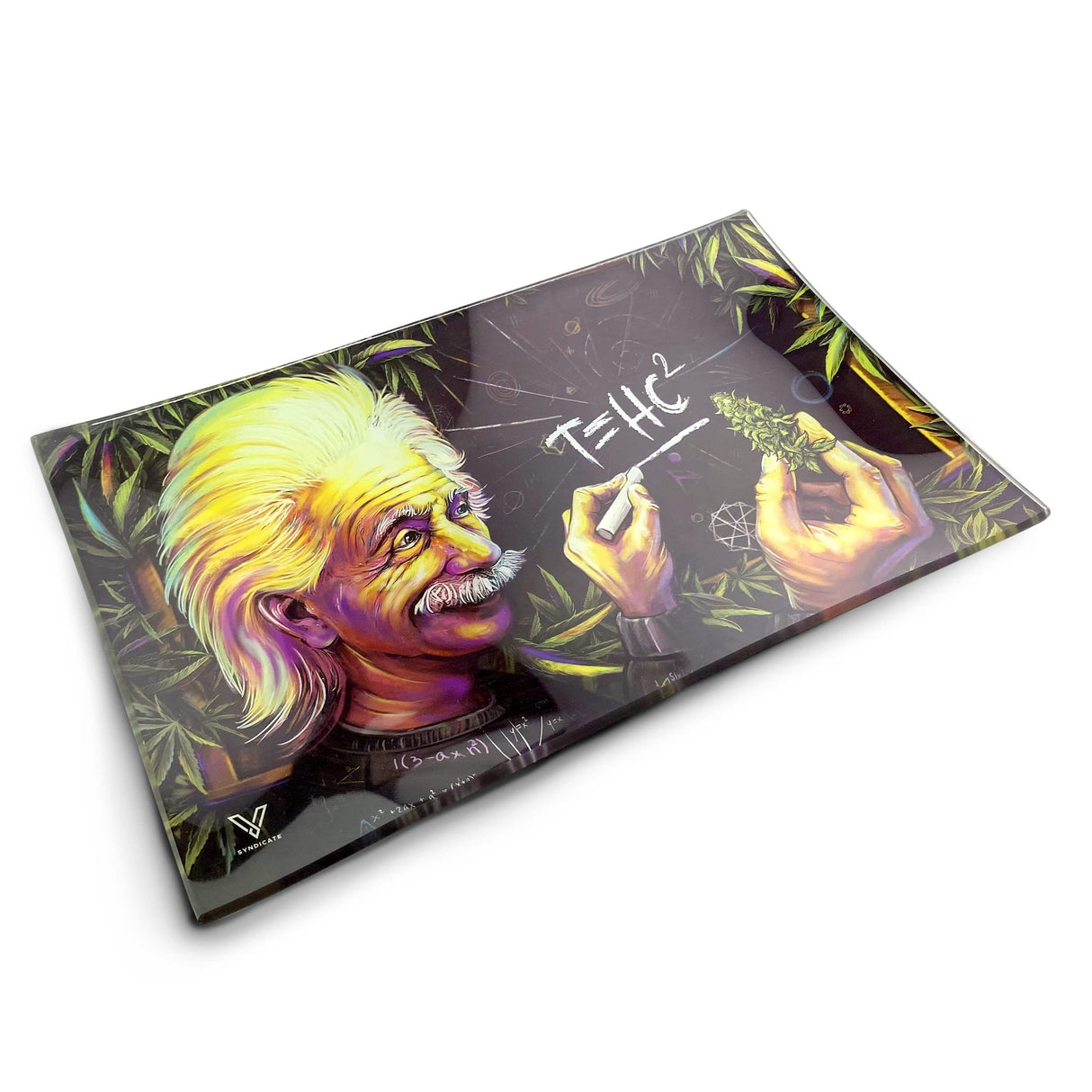 V Syndicate T=HC2 Einstein Glass Rolling Tray, shatter-resistant with colorful design, top view