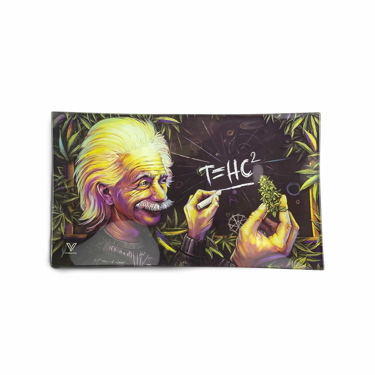 Medium-sized V Syndicate T=HC2 glass rolling tray with Einstein design and shatter-resistant feature