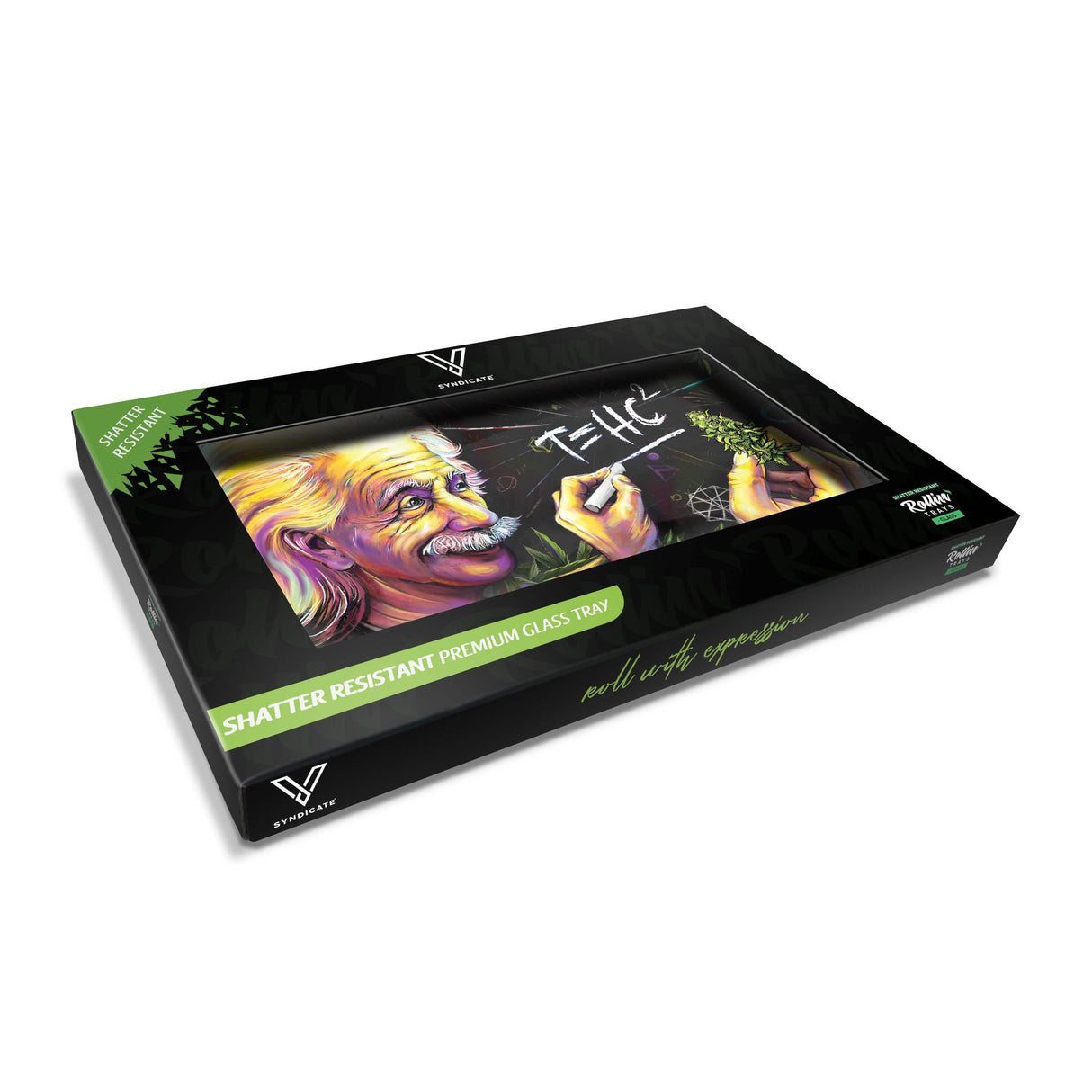 V Syndicate T=HC2 Einstein-themed Glass Rolling Tray, Medium Size, Angled View