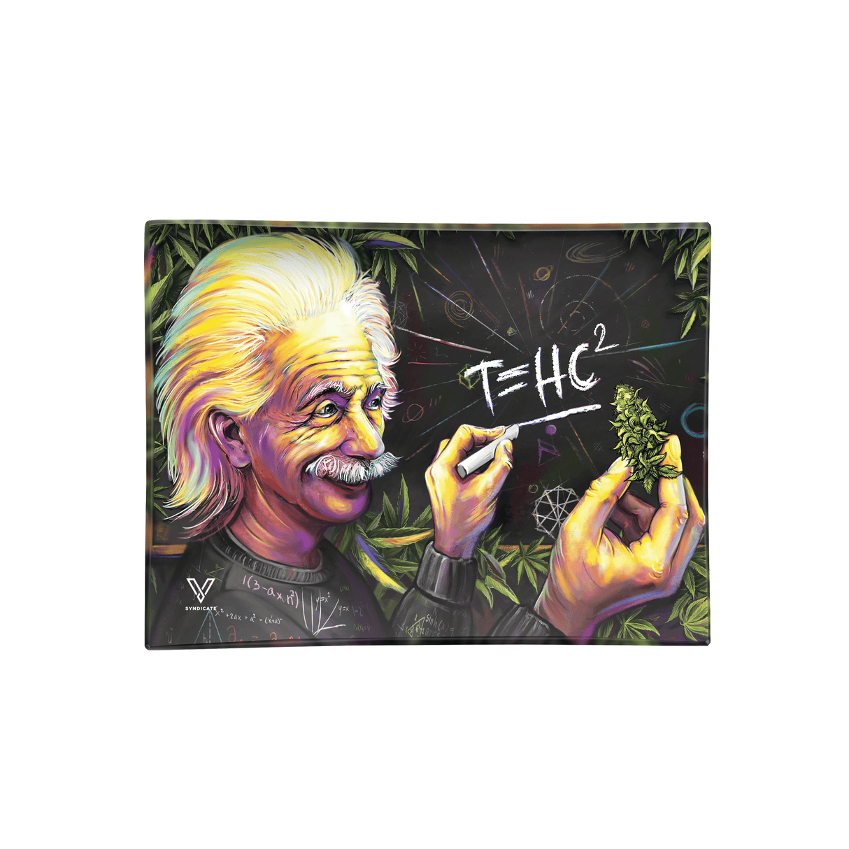 V Syndicate T=HC2 Einstein-themed glass rolling tray with vibrant artwork, medium size